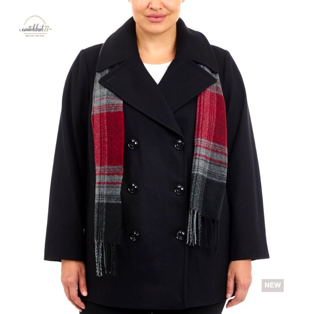 Plus Size Double Breasted Wool Peacoat with Scarf, Long Sleeve Winter Coat